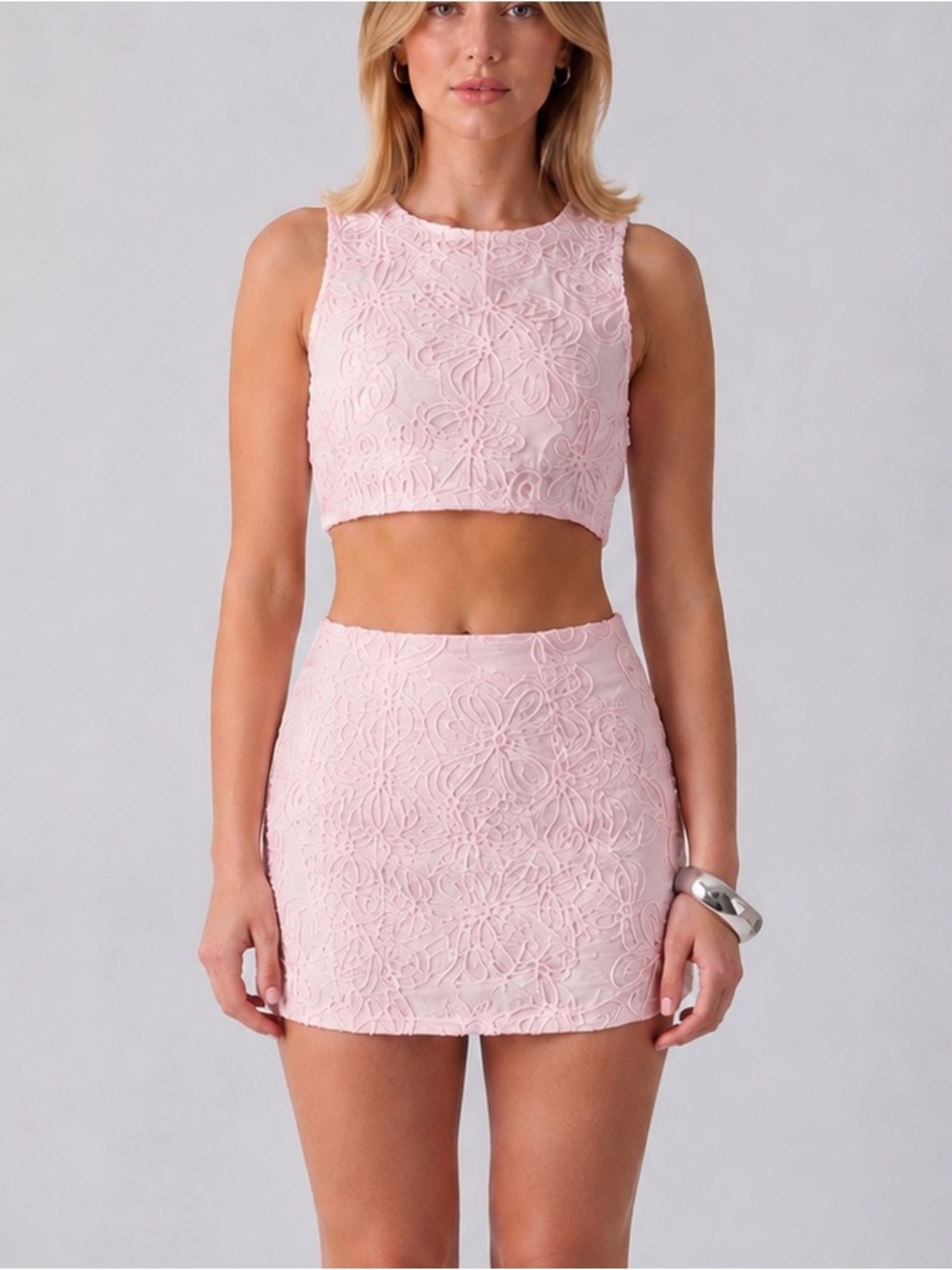 pink floral / flower textured crop top and mini skirt two piece set